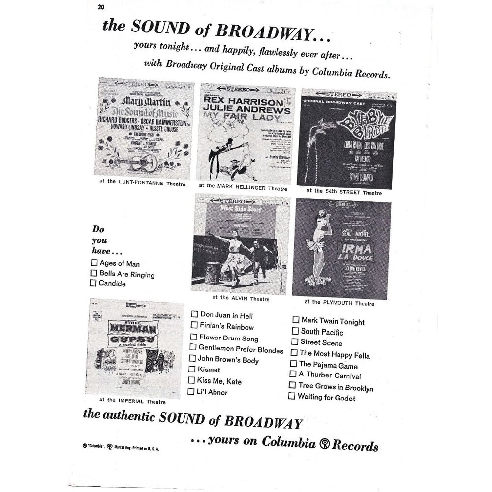 Vintage Columbia Records Broadway Sound Cast Album Advertisement 1960s Print Ad